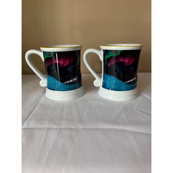 2 Polar Express Mugs with Embossed Train Yellow Stripe Rim; Northern Lights - Picture 2 of 9